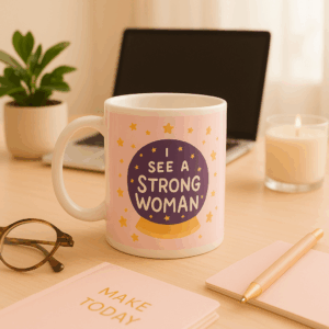 Mug de cerámica con diseño de bola de cristal púrpura y la frase “I SEE A STRONG WOMAN”, rodeada de estrellas doradas. La taza está sobre un escritorio de madera clara, acompañada de una planta en maceta, una laptop abierta y elementos femeninos decorativos. Fondo rosado suave con luz natural, estilo acogedor y empoderador.