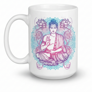 Pocillo blanco Furas con ilustración de rostro de Buda y flores de colores