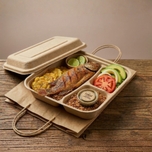 Almuerzo tradicional cartagenero con arroz de coco y pescado envuelto en papel mantequilla de la marca Enis.