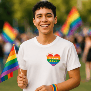 Camiseta blanca unisex con diseño de corazón en colores del arcoíris y la frase “El Amor Gana”. Fotografía con fondo neutro, ideal para visibilizar el orgullo y la diversidad LGBTIQ+.